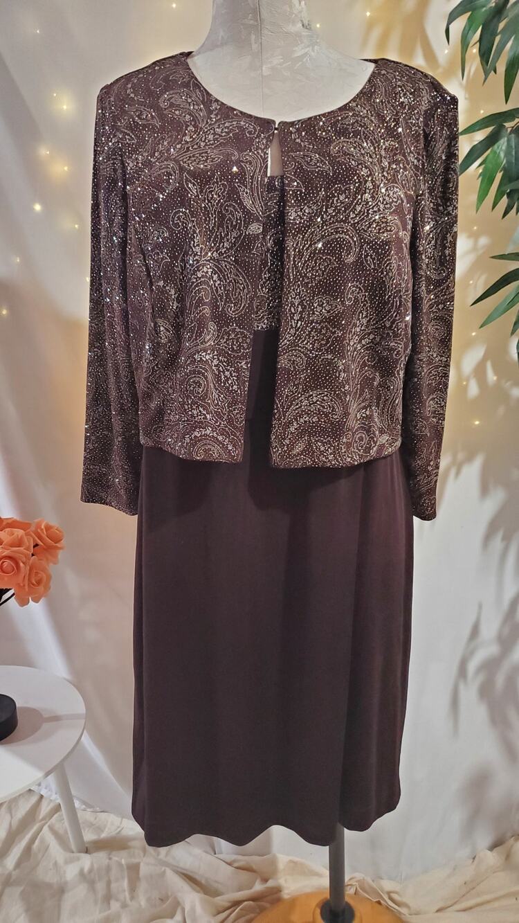 Patra Vtg Paisley Glitter Slinky Stretch 2 Pc Jacket Dress Set Size 16 Sparkle